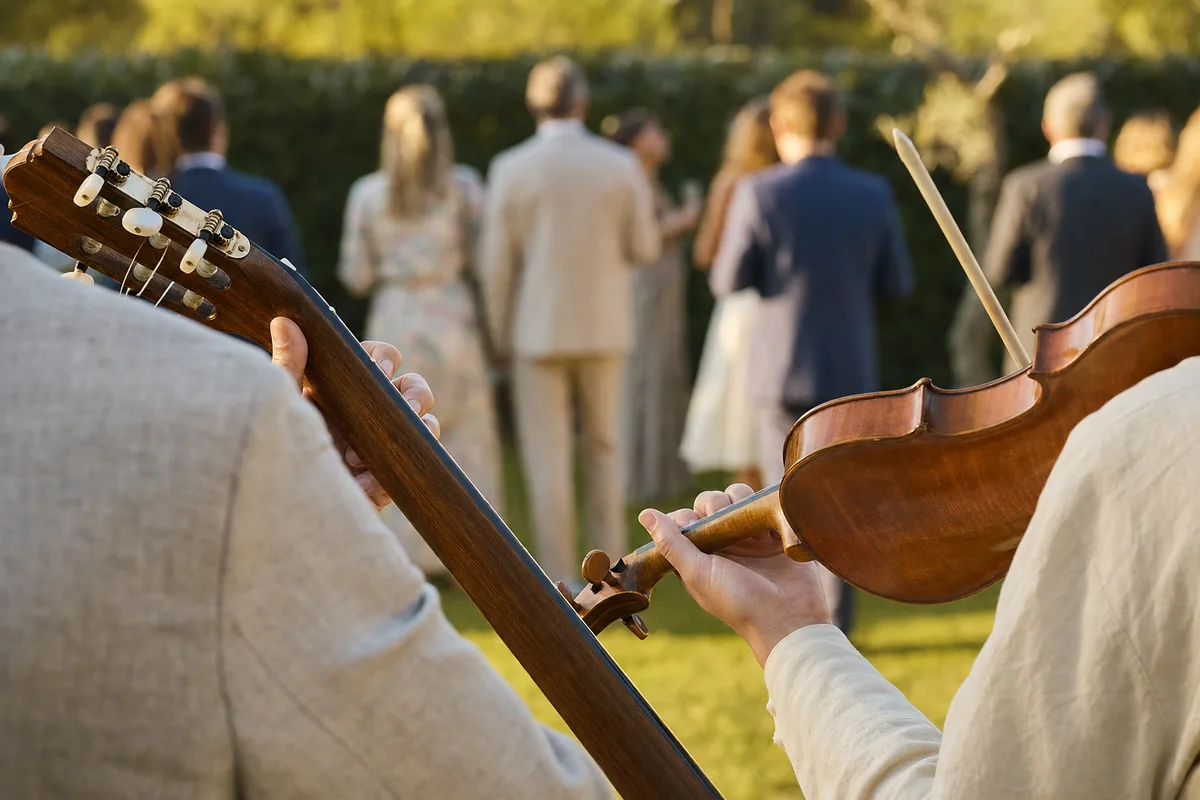 Duo acoustique guitare et violon animant un vin d’honneur au jardin